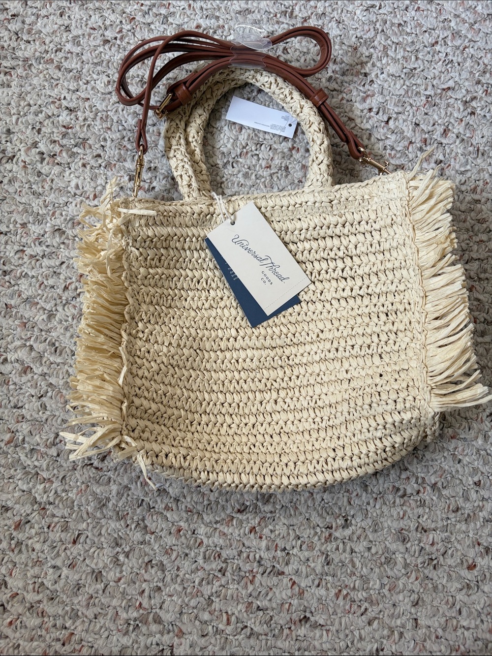 Universal Thread Cream Woven Fringe Tote with Brown Strap